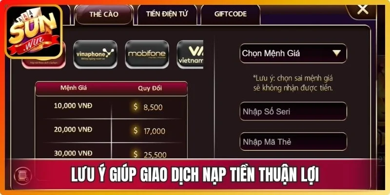 Lưu ý giúp giao dịch nạp tiền thuận lợi